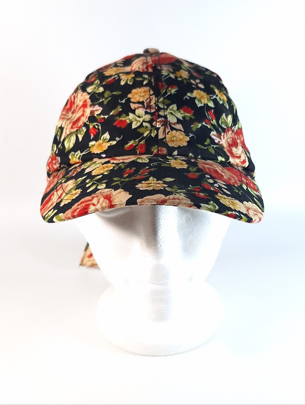 Boho Floral Print Baseball Cap Black Rose Pattern Adjustable Tieback NWOT